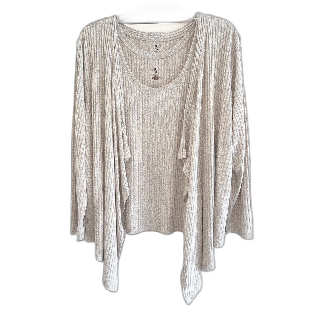 Hue Tan Cardigan Tank Top Set Plus Size 1X Ribbed Knit Casual Pockets